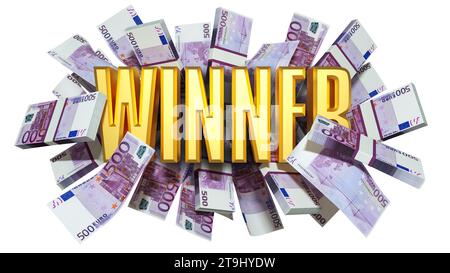 Euro-Banknoten werden hinter dem goldenen 3D-Text des Gewinners verteilt. 3D-Text vor Banknoten.3D-Rendering Stockfoto