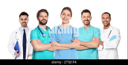 Glückliche medizinische Krankenschwestern auf weißem Hintergrund, Set von Fotos Stockfoto