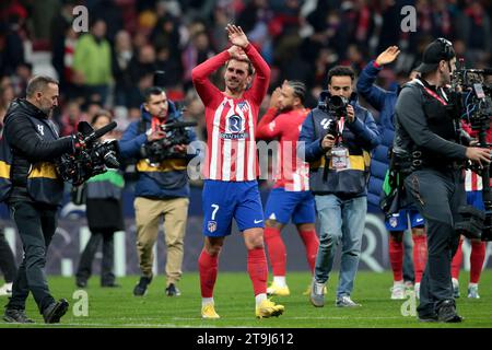 Madrid, Spanien. November 2023. Madrid Spanien; 25.11.2023; Atletico de Madrid schlägt Mallorca 1-0 am 14. Spieltag des spanischen Fußballs. Das Spiel wurde im Civitas Metropolitano Stadion in Madrid, der Hauptstadt des Königreichs Spanien, wiedergegeben. Das Siegertor stammt von Antonine Griezmann und wurde damit der zweitbeste Torschütze in der Geschichte des Colchoneros Atletico de Madrid Tores von Griezmann 64' Credit: Juan Carlos Rojas/dpa/Alamy Live News Stockfoto