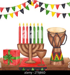 Postkartenvorlage für Kwanzaa Urlaub. Kinara, sieben brennende Kerzen, rote schwarze grüne Farbe, Tasse, Trommel, Geschenk, Fahnen. Handgezeichnetes Aquarell Stockfoto