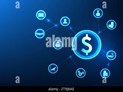 Finanztechnologie das Dollarsymbol in einem Technologiekreis, der mit einem Finanzsymbol verbunden ist, steht für modernes Finanzwesen, das Technologie verwendet, um zu helfen. Erstellen Stock Vektor