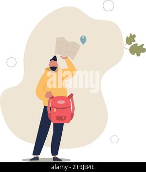 Menschen Hobbys und Lieblingstätigkeiten.männlicher Reisender mit einem Rucksack und einer Karte der Gegend.flache Vektor-Illustration. Stock Vektor