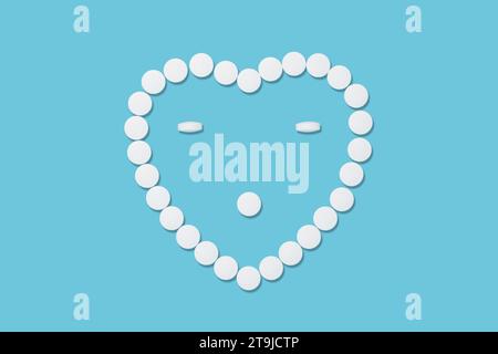 Weiße Tabletten in Herzform auf blauem Hintergrund. Pillen für die Herzgesundheit. Das Konzept der Medizin und des Gesundheitswesens Stockfoto