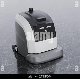 Autonomer Robot Cleaner mit Touchscreen und niedlichem Smile-Symbol. 3D-Rendering-Bild. Stockfoto
