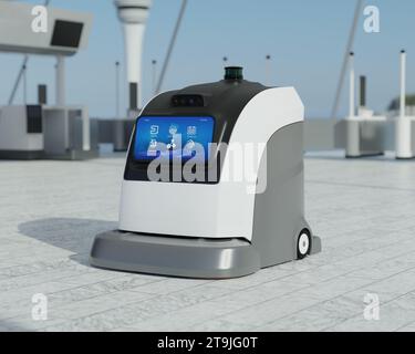 Autonome Robot Cleaner Reinigung des Bodens am Flughafen. Allgemeines Design. 3D-Rendering-Bild. Stockfoto