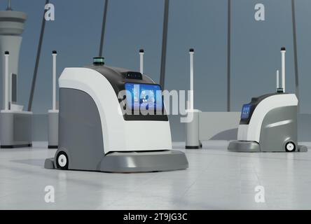 Autonome Robot Cleaner Reinigung des Bodens am Flughafen. Allgemeines Design. 3D-Rendering-Bild. Stockfoto