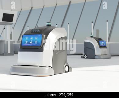 Autonome Robot Cleaner Reinigung des Bodens am Flughafen. Allgemeines Design. 3D-Rendering-Bild. Stockfoto