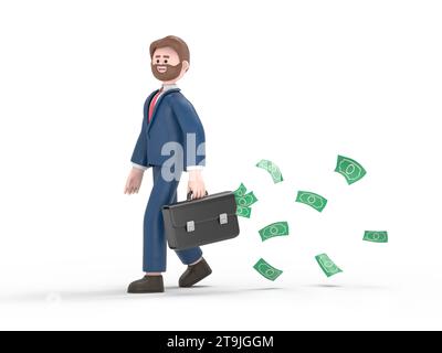 3D-Illustration eines lächelnden bärtigen amerikanischen Geschäftsmannes Bob mit einer Aktentasche mit Geld in der Hand und Bargeld fliegen und fallen zurück. 3D-Rendering auf weiß Stockfoto