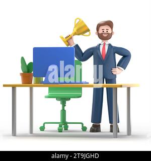 3D-Illustration eines lächelnden bärtigen amerikanischen Geschäftsmannes Bob mit Trophäe, Auszeichnung-Zertifikatständer in der Nähe des Tisches am Arbeitsplatz. Schreibtisch-Computer Stockfoto