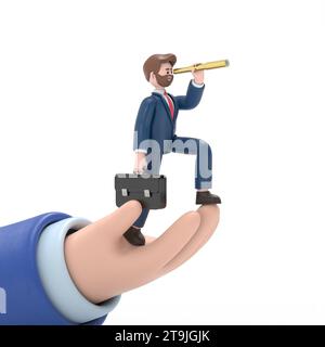 3D-Illustration eines lächelnden bärtigen amerikanischen Geschäftsmannes Bob mit Aktentasche zur Hand, der nach Gelegenheiten in Spyglass sucht. Geschäftsmann mit Teleskop. Stockfoto