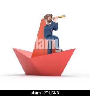 3D-Illustration des lächelnden bärtigen amerikanischen Geschäftsmannes Bob.Direction of Business and Management. Papierboot, Schiff auf Wasser, Flat Business Cartoon, Le Stockfoto