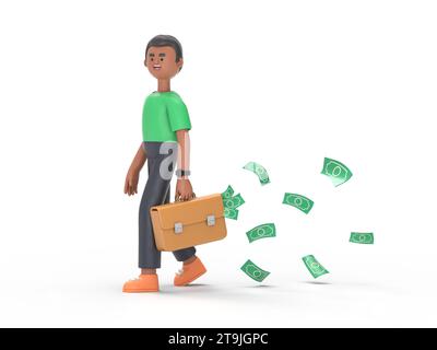 3D-Illustration eines schönen Afro-Mannes David mit einer vollständigen Aktentasche mit Geld in der Hand und Bargeld fliegen und fallen zurück. 3D-Rendering auf weißem Hintergrund. Stockfoto