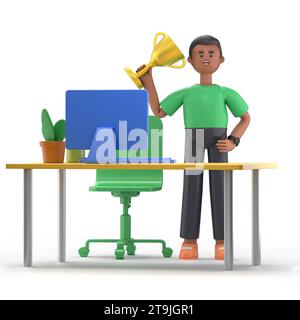 3D-Illustration eines hübschen Afro-Mannes David mit Trophäe, Prämienstand in der Nähe des Tisches am Arbeitsplatz. Büroschreibtisch, Computerstuhl, Lampe Kaktu Stockfoto