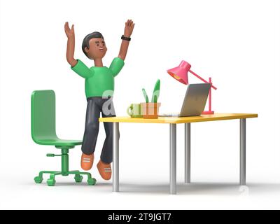 3D-Illustration des gutaussehenden Afro-Mannes David Happy im Büro. Erfolgreiches Konzept. Flat Cartoon Character.3D-Rendering auf weißem Hintergrund. Stockfoto