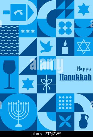 Happy Hanukkah Poster. Moderner geometrischer abstrakter Hintergrund des Neo. Postkarte, Einladung, Kopfzeile für Website. Zusammensetzung einfacher traditioneller Symbole in Stock Vektor