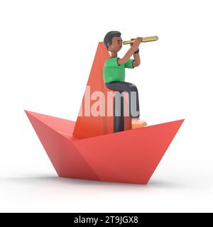 3D-Illustration eines gutaussehenden Afro-Mannes David. Leitung von Unternehmen und Management. Papierboot, Schiff auf Wasser, Flat Business Cartoon, Leadership Concept. Stockfoto