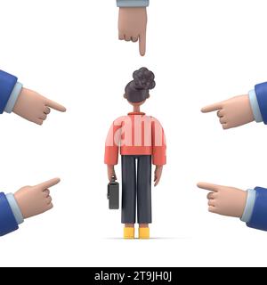 3D-Illustration des afrikanischen Frauenkonzepts Coco.accusation. Traurige Geschäftsfrau. Menschen zeigen mit den Fingern auf traurige Menschen. Öffentliches Opfer. 3D-Rendering auf weiß Stockfoto