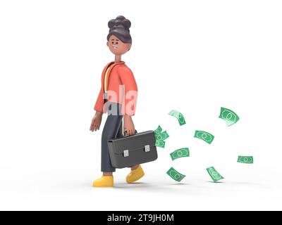 3D-Illustration der afrikanischen Frau Coco mit einer vollständigen Aktentasche mit Geld in der Hand und Bargeld fliegen und fallen zurück. 3D-Rendering auf weißem Hintergrund. Stockfoto