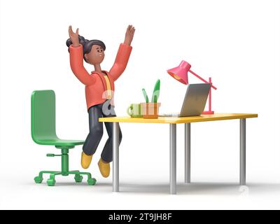 3D-Illustration der afrikanerin Coco Happy im Büro. Erfolgreiches Konzept. Flat Cartoon Character.3D-Rendering auf weißem Hintergrund. Stockfoto