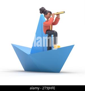 3D-Illustration der afrikanerin Coco. Leitung von Wirtschaft und Management. Paper Boat, Ship on Water, Flat Business Cartoon, Leadership Concept.3D re Stockfoto