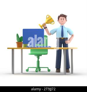 3D-Illustration des lächelnden asiatischen Mannes Felix mit Trophäe, Auszeichnung Zertifikatständer in der Nähe des Tisches am Arbeitsplatz. Büroschreibtisch, Computerstuhl, Lampe Kaktu Stockfoto