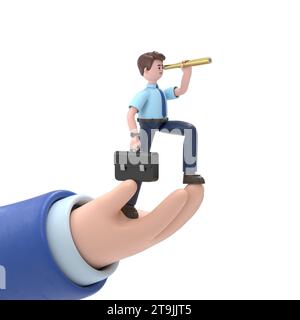 3D-Illustration des lächelnden asiatischen Mannes Felix mit Aktenkoffer zur Hand auf der Suche nach Gelegenheiten in Spyglass. Geschäftsmann mit Teleskop. Sucht nach neuer per Stockfoto