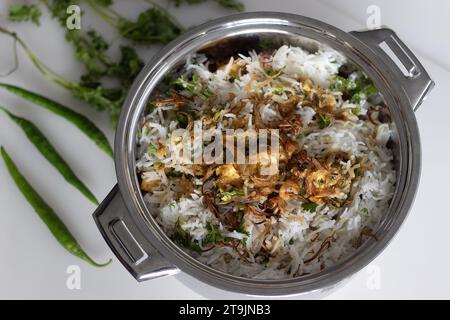 Köstlich duftender Paneer Biryani, ein lebendiges indisches Reisgericht aus Basmati-Reis, kombiniert mit aromatischen Gewürzen, Paneerwürfeln, Kräutern und Karameli Stockfoto