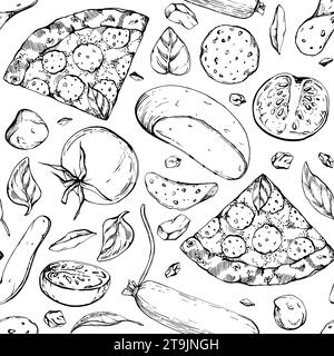 Handgezeichnete Vektortinte Illustration. Pepperoni-Pizzascheibe mit Belägen, italienische Küche. Nahtloses Muster isoliert auf weiß. Design für Stock Vektor