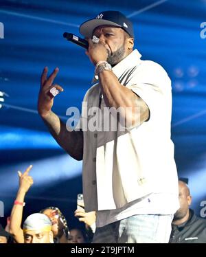 50 Cent und Jeremih, die auf der FLIPPER's ROLLER BOOGIE PALACE london Afterparty zum ersten Geburtstag am 11. november 2023 vortraten Stockfoto