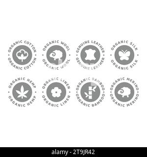 Bio-Hanf, Bambus und Baumwolle Vektor-Label Set. Etiketten aus Naturleinen, Leder und Seide. Stock Vektor