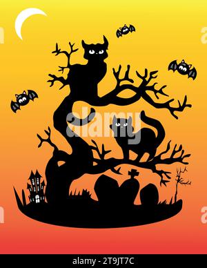Friedhof mit einem alten Baum mit Katzen Stock Vektor