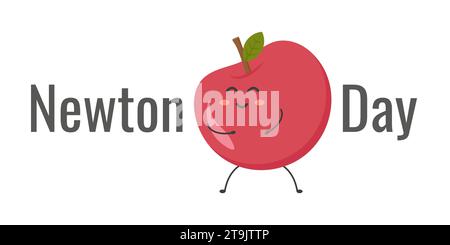 Happy Newtons Day festlicher Hintergrund mit Apfel. Niedlicher Cartoon-Apfel in der Mitte des Textes. Lustige Vektor-Illustration. Stock Vektor