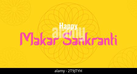Makara Sankranti sonniger Urlaub in Indien. Herzlichen Glückwunsch zu einem hellgelben Hintergrund mit Mustern. Konzepturlaub. Poster, Faltblatt, Website-Design Vektor-Illustration. Stock Vektor