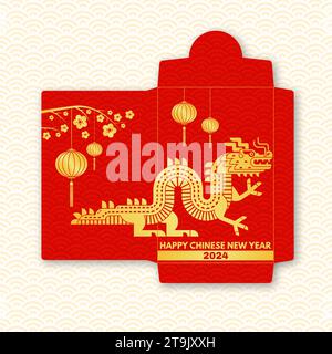 Chinesisches Neujahrssymbol mit rotem Umschlag. Vektorabbildung. Rotes Paket mit goldenem Drachen und Laternen. Chinesisches Neujahr 2024 Jahr des Drachen. Stock Vektor