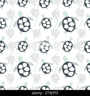 Nahtloses Muster mit Meerestieren. Schildkröte im Ozean zwischen Meerespflanzen auf weißem Hintergrund. Vektorabbildung. Design für Babyteig, Verpackung, Stock Vektor