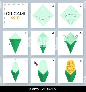 Origami-Tutorial für Kinder. Origami süßer Mais. Stock Vektor
