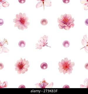 Aquarellrosa nahtlose Muster mit handgezeichneten Illustrationen von Kirschblüten Blumen und Perle für Hochzeit, Geburtstag, internationaler Frauentag, Stockfoto
