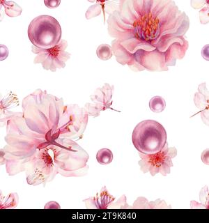 Aquarellrosa nahtlose Muster mit handgezeichneten Illustrationen von Kirschblüten Blumen und Perle für Hochzeit, Geburtstag, internationaler Frauentag, Stockfoto