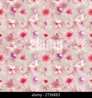 Aquarellrosa nahtlose Muster mit handgezeichneten Illustrationen von Kirschblüten Blumen und Perle für Hochzeit, Geburtstag, internationaler Frauentag, Stockfoto