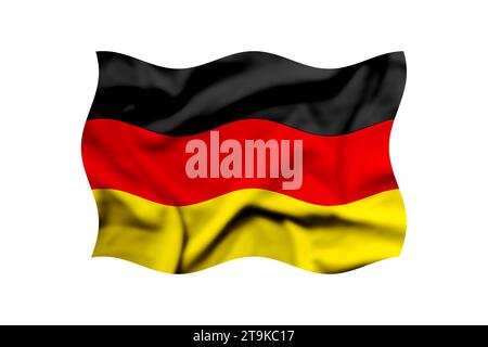 Die Flagge Deutschlands winkt im Wind auf weißem Hintergrund. 3D-Rendering. Beschneidungspfad enthalten Stockfoto