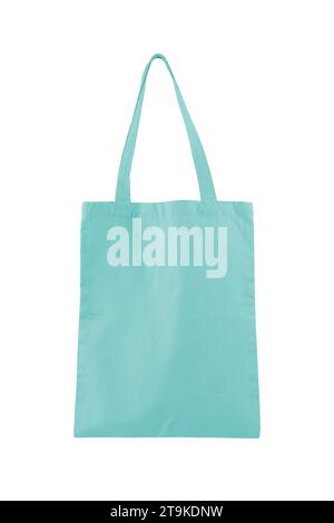 Stoff-Baumwolle, Leinen-Einkaufssack, Tragetasche isoliert auf weißem Hintergrund. Wiederverwendbare türkisfarbene Einkaufstasche, Modell, Vorlage für Design, Kopie Stockfoto