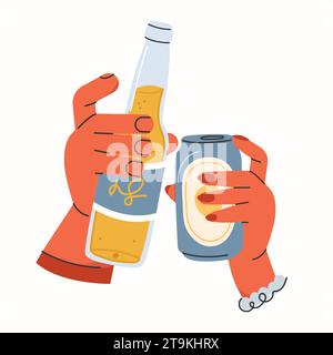 Bier jubelt. Zwei Hände halten Bierflaschen Stock Vektor