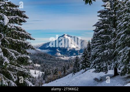 Anspruchsvolle Schneeschuhtour zum Tennenmooskopf auf der Nagelfluhkette in den Allgauer Alpen Stockfoto