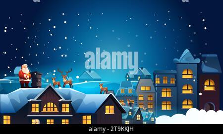 weihnachtsmann in rotem Kostüm mit Rentieren, die zusammen auf dem Dach stehen, weihnachtsfeiertag Frohe Silvesterfeier Vorlage Stock Vektor