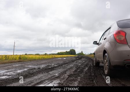 Auto parkt am Straßenrand, mit natürlichem Hintergrund und hellem Sonnenlicht. Stockfoto