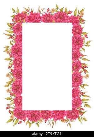 Rechteckiger Blumenrahmen aus Dahlien, Laub, getrockneten Blüten und Hüftrosen. Aquarelldesign für Karten, Einladungen, Ankündigungen, Werbung Stockfoto