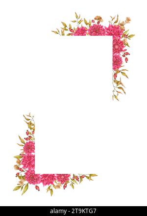 Rechteckiger Blumenrahmen aus Dahlien, Laub, getrockneten Blüten und Hüftrosen. Aquarelldesign für Karten, Einladungen, Ankündigungen, Werbung Stockfoto