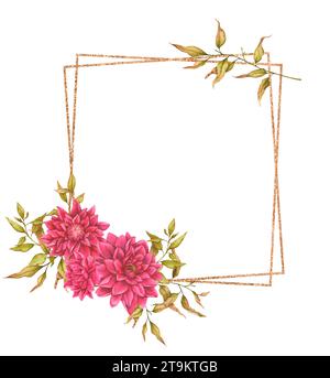 Goldener quadratischer Blumenrahmen aus Dahlien, Laub, getrockneten Blumen und Hüftrosen. Aquarelldesign für Karten, Einladungen, Ankündigungen, Werbung Stockfoto