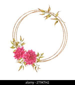 Goldener runder Blumenrahmen aus Dahlien, Laub, getrockneten Blüten und Hüftrosen. Aquarelldesign für Karten, Einladungen, Ankündigungen usw. Hochzeit Stockfoto