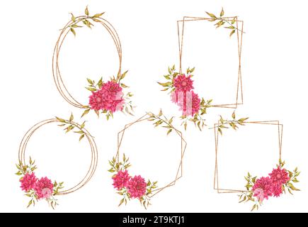 Set aus goldenen Blumenrahmen aus Dahlien, Laub, getrockneten Blumen und Hüftrosen. Aquarelldesign für Karten, Einladungen, Ankündigungen usw. Weddi Stockfoto
